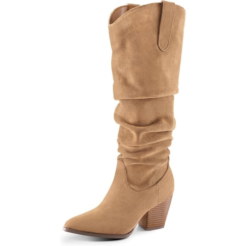Women's Tan Mysoft Cowboy Knee-High Boots Pointed Toe Mid Heel Pull On Slouchy